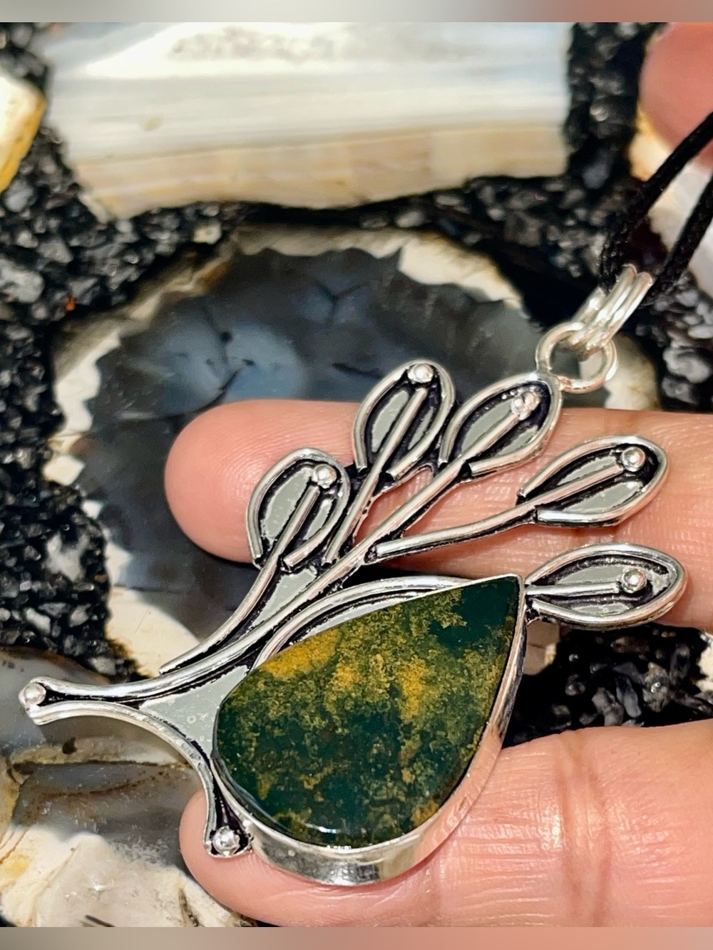 Green & Gold Pattern Ocean Jasper Crystal Pendant 3”